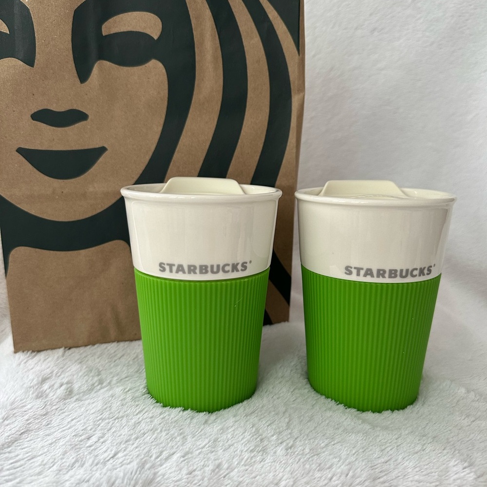 Starbucks New Bone China Tumbler|Mug|Cup with Lime Green Rubber Grip and Lid